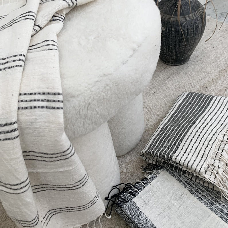 Usva Towel Collection | White with Grey Stripes - Hand Woven
