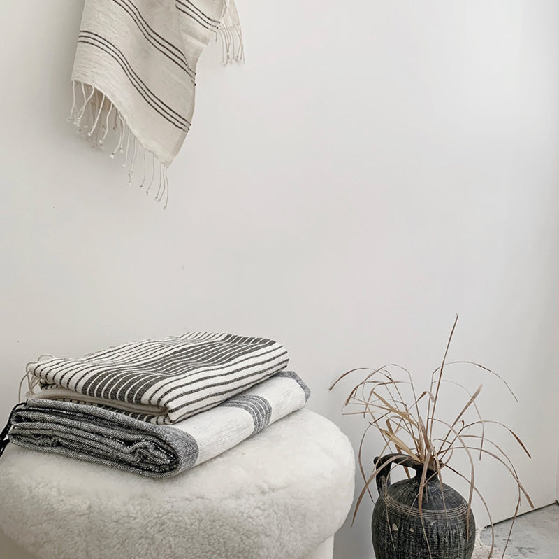 Tihku Towel Collection | White with Grey Stripes - Hand Woven