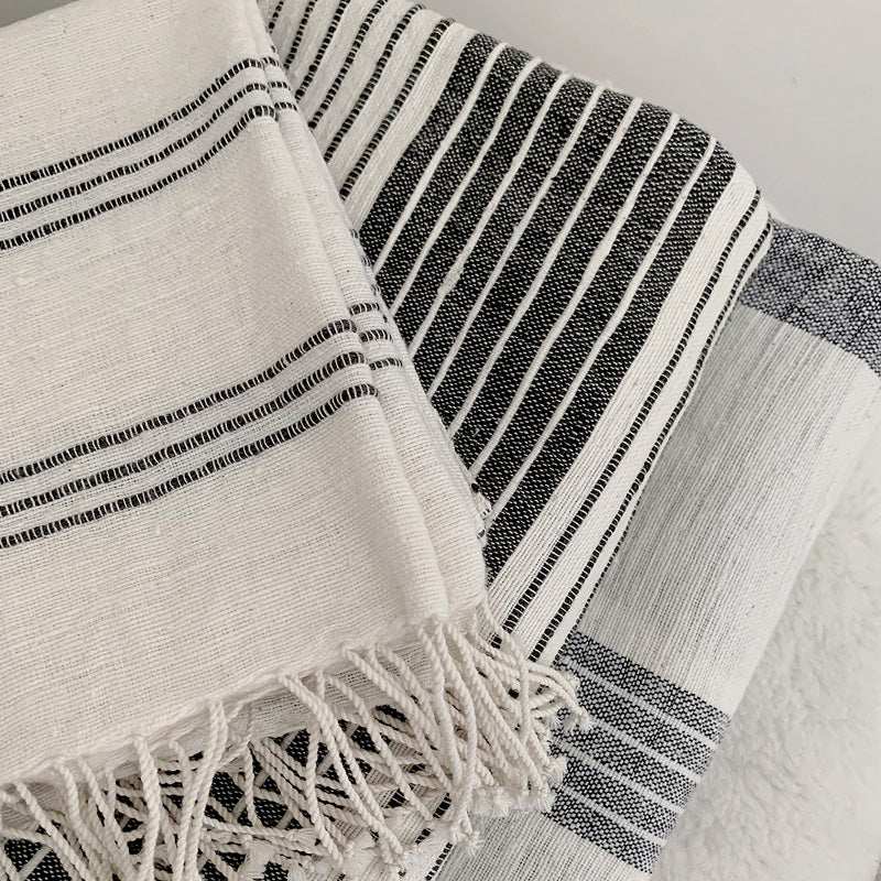 Usva Towel Collection | White with Grey Stripes - Hand Woven