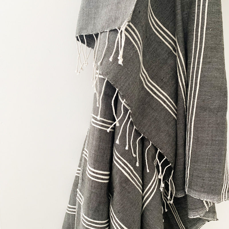 Tihku Towel Collection | Grey with White Stripes - Hand Woven