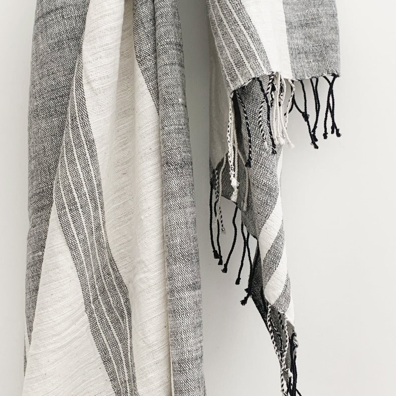 Usva Towel Collection | White with Grey Stripes - Hand Woven