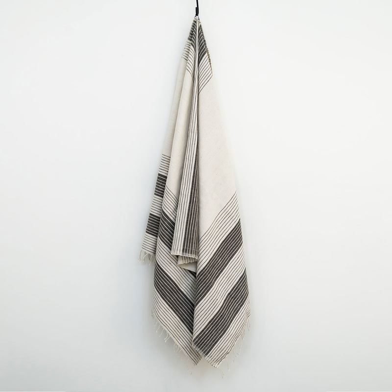 Riite Hand Woven Towel, White with Grey Stripes thick and thin - Towel Collection - Sera Helsinki  - Finland - North America - Canada - USA